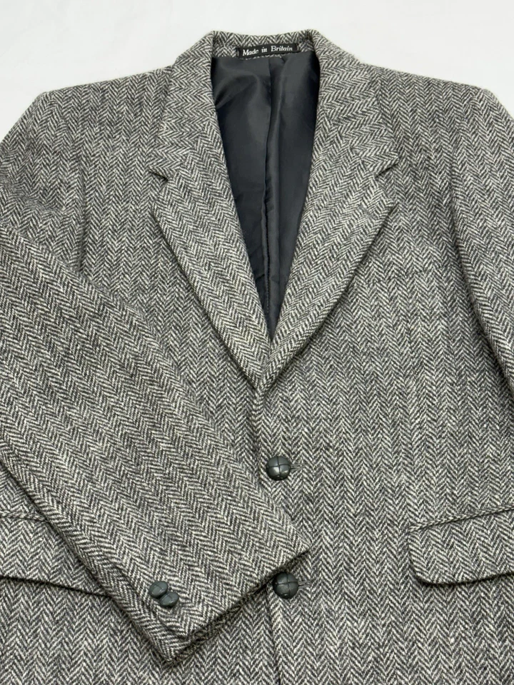 VTG 80s Dunn & Co Harris Tweed Two-Tone Gray Herringbone Wool Flannel Tweed 38R - Image 1 of 4