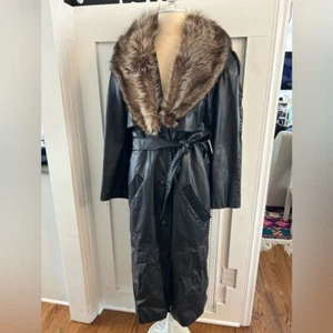 Vintage Martani Black Leather Fur collar Trench coat y2k - Picture 1 of 9
