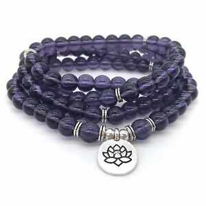6mm Amethyst Crystal Bracelet 108 Beads Lotus Buddha Pendant Sutra Elegant