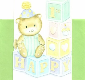 Glückwunschkarte Happy 1st Turning 1 Geburtstag Junge Kätzchen & Blöcke Bär Punze - Bild 1 von 3