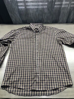 kirkland signature shirt mens L non iron brown/blue  plaid button up - Image 1 of 4