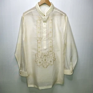 Men's Barong Tagalog Philippines Cream Shirt w Organza, Nehru Collar XL New - Picture 1 of 13