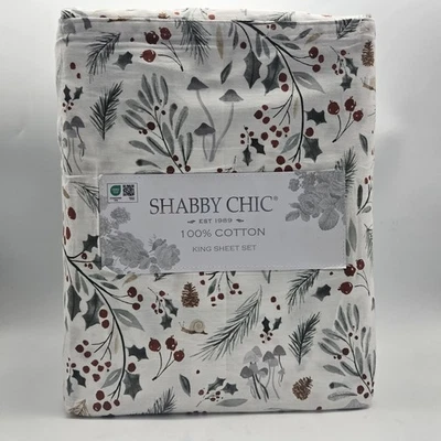 Shabby Chic King 圣诞冬季 Woodland Holly Berry 100% 棉床单套装 4 件套 — 第 1/4 张图片