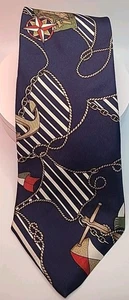 Vintage Van Heusen Silk Tie 417 Anchor Boating Blue Compass Map Made In USA Neck - Picture 1 of 6