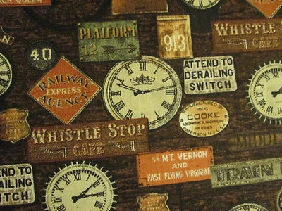 Vintage Train Clocks Train Posters Brown Cotton Fabric FQ - Image 1 of 4