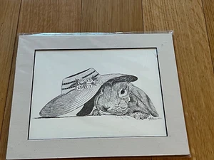 Antonia Signed Pencil Sketch of Cute Floppy Eared Bunny Rabbit Under Garden Hat - Picture 1 of 6