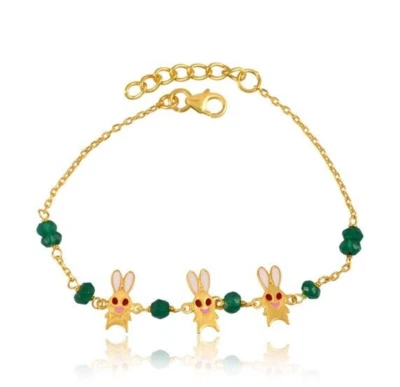 Bunny Enamel Bracelet With Chain Gold Plated Drill Raw Green Onyx Brass Bracelet - Image 1 of 3