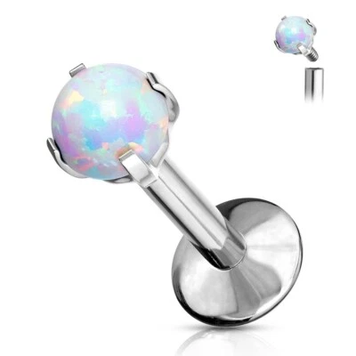 Prong Set Opal Labret Tragus Helix Philtrum Stud Titanium Internally Threaded - Image 1 of 2