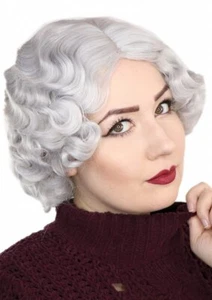 Kurzhaar Perücke kinnlang Wasserwelle retro Welle Locken Silber Grau Wig C805 - Bild 1 von 4