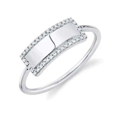 Anillo de identificación con barra de diamantes de oro blanco de 14K grabado natural grabable Foto 1 de 2