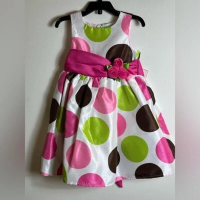 Girls 3T Formal Dress Fuchsia Green Polka Dot Ribbon Tie Bow Rare Editions NWT - Image 1 of 4