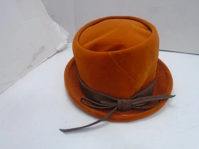 Vtg Hat By Doris Designed W/  Orange Velour Faux Leather Band Bow Union Made USA - Image 1 of 4