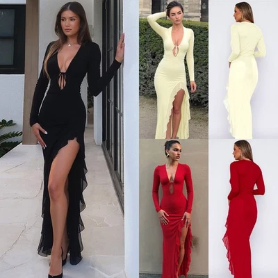 Ladies Ruffles Split Dress Lace-up V Neck Bodycon Sexy Long Sleeve Party Dresses - Image 1 of 4