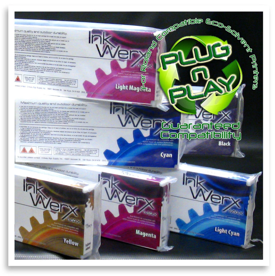 6 100% Roland Eco Max Compatible CMYK LC LM 220 ml Solvent Ink  - Image 1 of 1