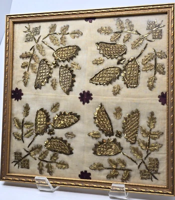 Framed Antique Gold Lace/Linen Quilt Square 10 3/4" - Textile Collectible - Image 1 of 4