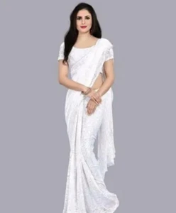 Sari/sari de diseño de red con blusa blanco para mujer Chikankari diseño de flores - Imagen 1 de 4