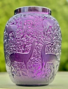 LALIQUE VASE BICHES DEER PATTERN RARE PURPLE COLOR - Picture 1 of 16