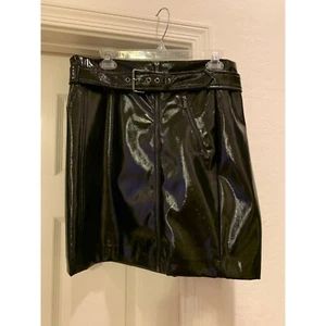 NWT Karl Lagerfeld Black Faux Leather Belted Mini Skirt Size 10 - Picture 1 of 7