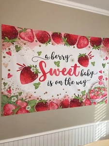 Strawberry Baby Shower Banner Berry Sweet used once 3'x5' - Picture 1 of 4