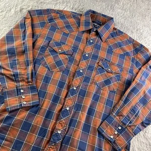 Wrangler Pearl Snap Shirt Mens 16x33 Orange Blue Plaid Western Rodeo Cowboy - Picture 1 of 7