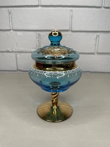 Vintage Venetian Glass Blue Bon Bon Candy Dish Gold Gilt Enamel w/Sticker Italy - Picture 1 of 13
