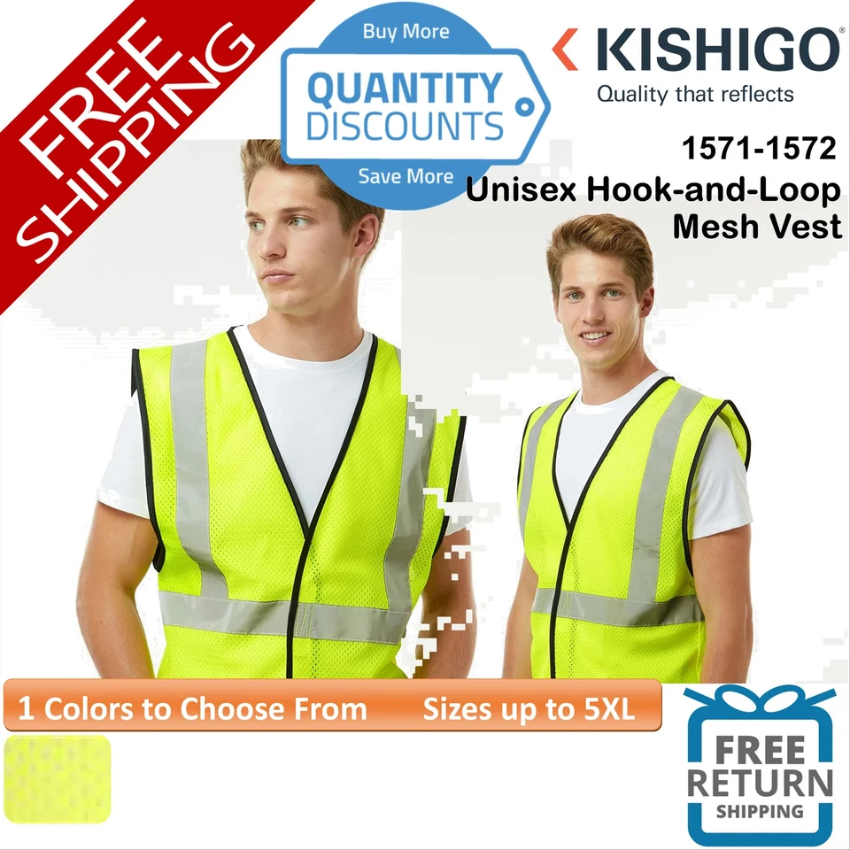 🔥 Kishigo Unisex Hook-and-Loop Mesh Vest Safety Reflective Up To 5XL 1571-1572 - Image 1 of 1
