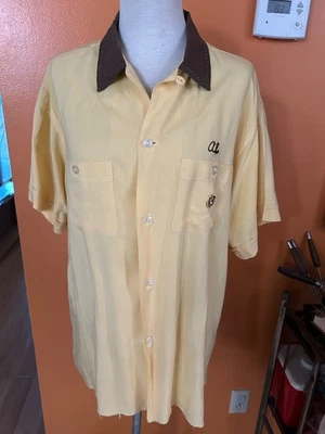 Vintage 1950s 50s Yellow and Brown Gabardine Men's Bowling Shirt Loop Collar VLV - Image 1 of 4