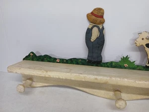 VINTAGE COTTAGECORE WOOD SHELF PEGS PAINTED METAL SCENE BOY TREE FREE SHIPPING - Picture 1 of 7