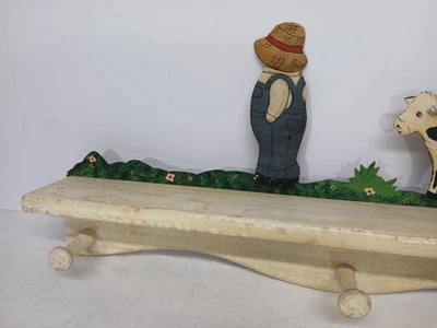 VINTAGE COTTAGE CORE WOOD SHELF PEGS PAINTED METAL SCENE BOY TREE FREE SHIPPING - Image 1 of 4