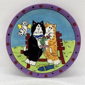 CATZILLA CANDACE REITER HAND PAINTED 8 1/4" APPETIZER PLATE 2002 Valentines Cats - Picture 1 of 6