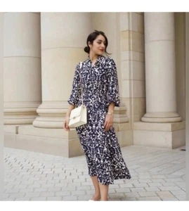 Zara Navy White Paisley Floral Emilie Belted Midi Shirt Dress, XXL, VGC,5216/045 - Picture 1 of 22