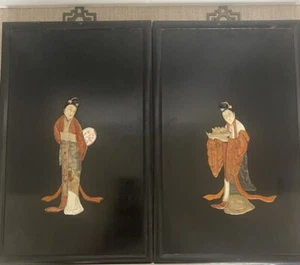 Jade Soapstone Mother Of Pearl Sculpture Wall hanging Panel Black Set Of Two VG - Picture 1 of 24