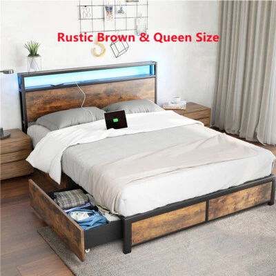 Full Queen King Size Metal Platform Bed Frame w/ LED Lights,4 Drawers,Headboard - Image 1 of 4