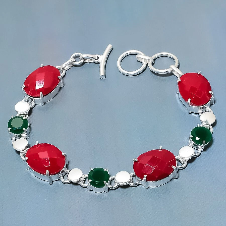 Brazalete Joyería Chapado en Plata Piedras Preciosas de Ónix Rojo Verde 7-8" Foto 1 de 1