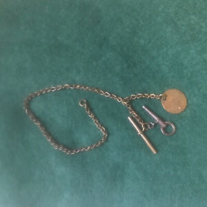 Antique Brass T-Bar  Pocket Watch Chain Fob With Key