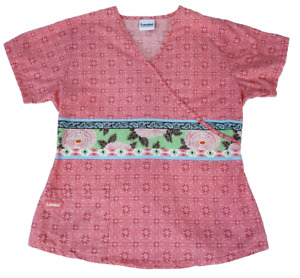 Landau Women M Vivid Pink Floral Short Sleeve Scrub Shirt Mock Wrap Kimono