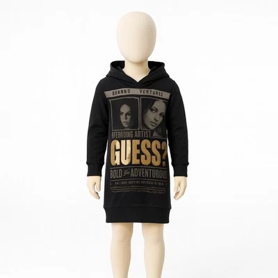 Guess Hooded Dress Big Girls 8 Black Gold Y2K Retro French Terry Hoodie Tunic - Image 1 of 4