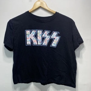 Kiss Black Cropped Embroidered Logo T-shirt Girls Size Large 11-13 - Picture 1 of 8
