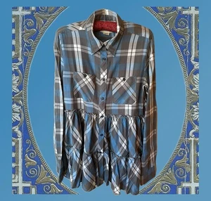 Denim & Supply Ralph Lauren Womens M Blue Plaid Tiered Top Long Sleeve Boho Chic - Picture 1 of 20