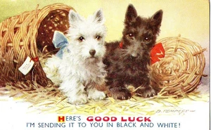 VINTAGE BAMFORTH GOOD LUCK postcard: WESTIE & SCOTTIE TERRIER DOGS G171 - Picture 1 of 1