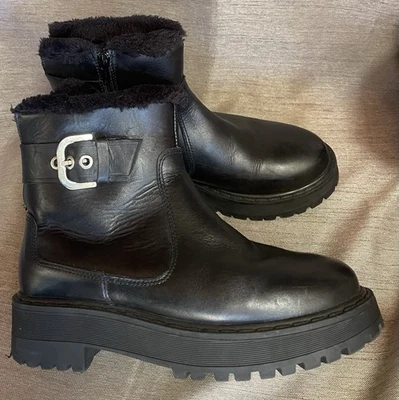 Zara Trafaluc Biker Boots Women Size 37 US 6.5 Black Leather Faux Shearling NWOT - Image 1 of 4