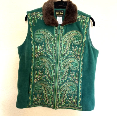 Chaleco Bob Mackie para mujer talla mediana vintage verde polar bordado cuello con cremallera Foto 1 de 4