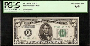 UNC 1928 $5 BILL NUMERICAL 6 GOLD ON DEMAND NOTE MONEY Fr 1950-F PCGS 64 - Picture 1 of 2