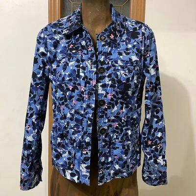 Chaqueta floral Charter Club para mujer Petite XS P/P azul botones cuello claro Foto 1 de 4