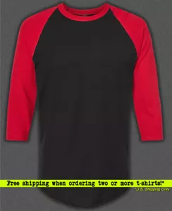 Raglan T-Shirt, Baseball Casual Sports Jersey Tee Black & Red, Tultex Unisex - Picture 1 of 1