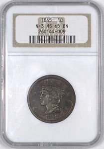 1845 Braided Hair Copper Large Cent N-3 1C - NGC MS65 BN - - Picture 1 of 2