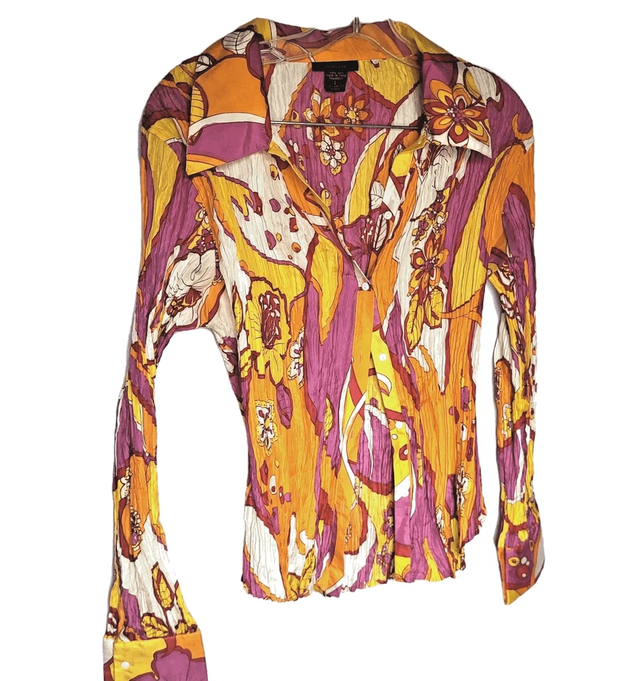 Rare Pleated Silkland 100% Silk Groovy 70s Collared Blouse Sz L - Image 1 of 4