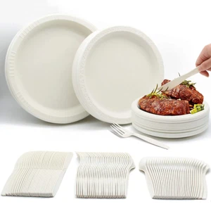 180 Pieces Disposable Dinnerware Set, Compostable Paper Plates Leak-free White - Picture 1 of 8