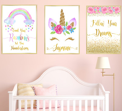 Unicorn Personalised Name Nursery Prints Pictures Set Of 3 Baby Girl Room Decor • 12.28$