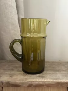 Hand Blown/Handmade Moroccan Beldi Khaki Green Water Glass Jug/Vase - Picture 1 of 7